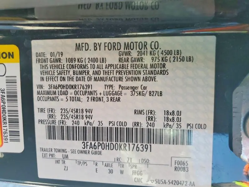 2019 FORD FUSION SE  
