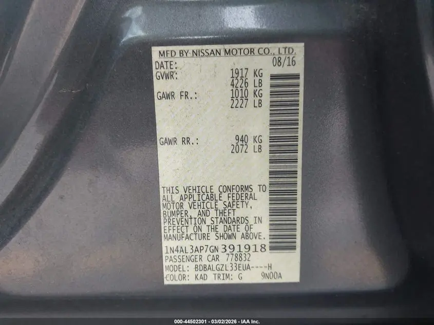 2016 NISSAN ALTIMA 2.5 S