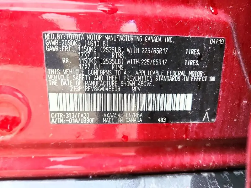2019 TOYOTA RAV4 XLE  