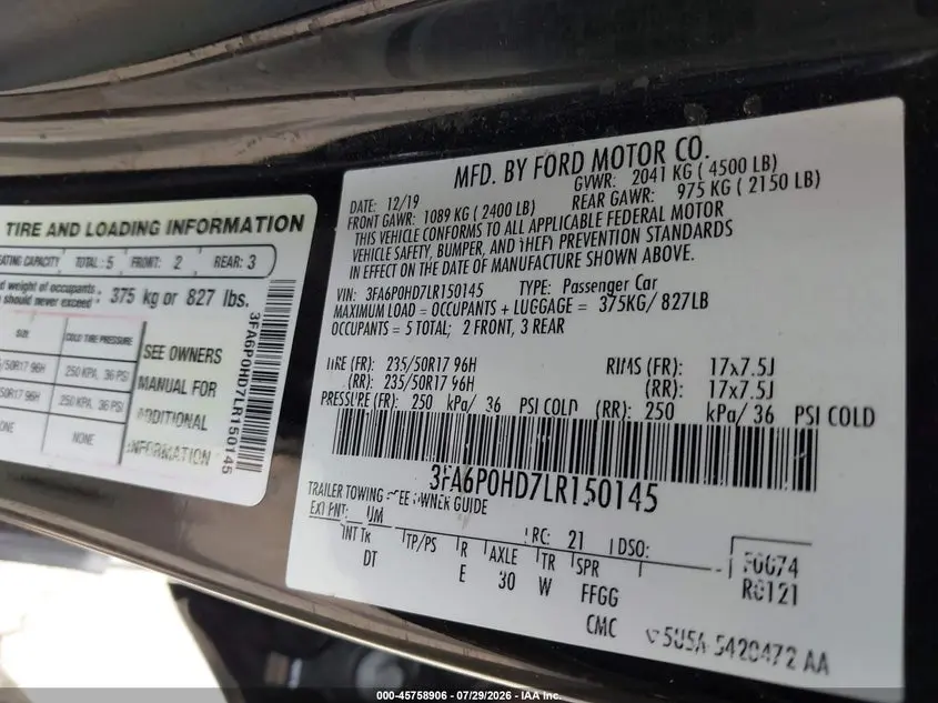2020 FORD FUSION SE