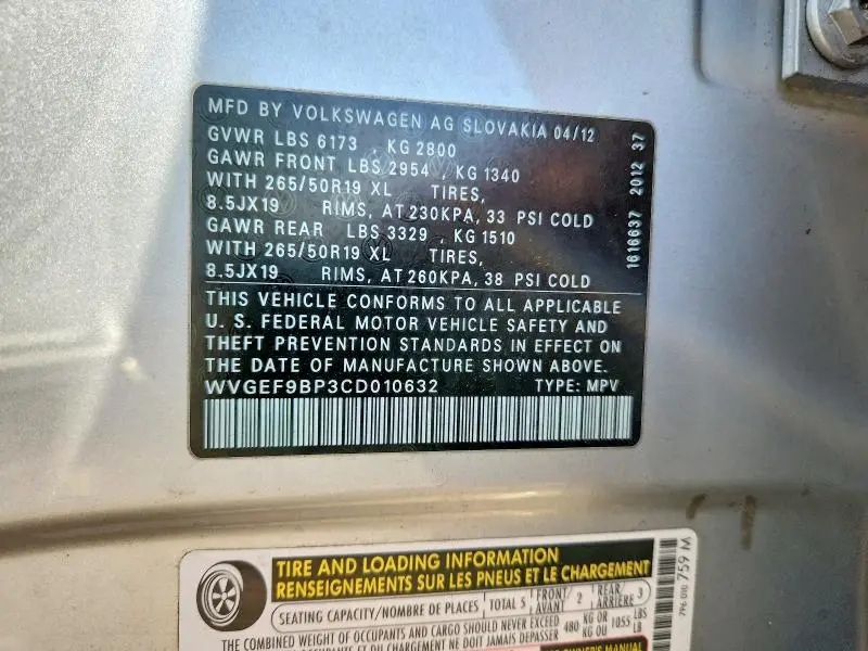 2012 VOLKSWAGEN TOUAREG V6  