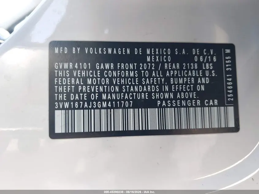 2016 VOLKSWAGEN JETTA 1.4T S