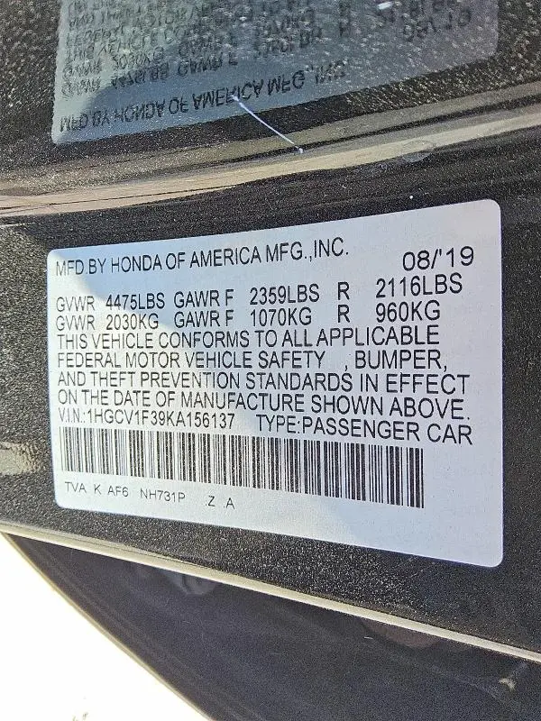 2019 HONDA ACCORD SPORT  