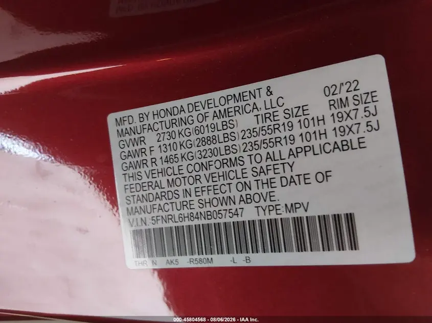 2022 HONDA ODYSSEY TOURING