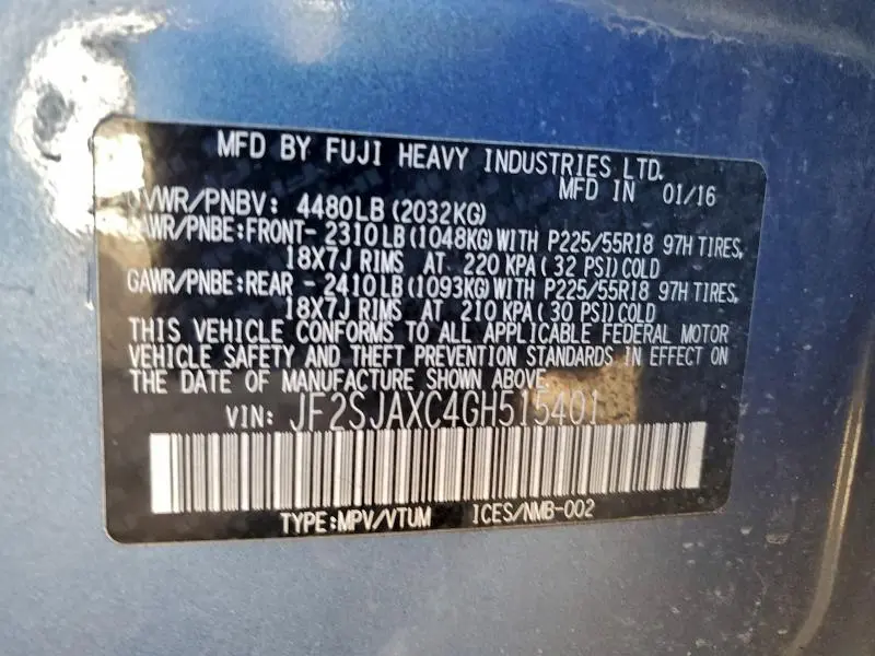 2016 SUBARU FORESTER 2.5I TOURING  