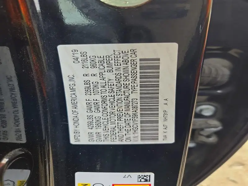2019 HONDA ACCORD EXL  