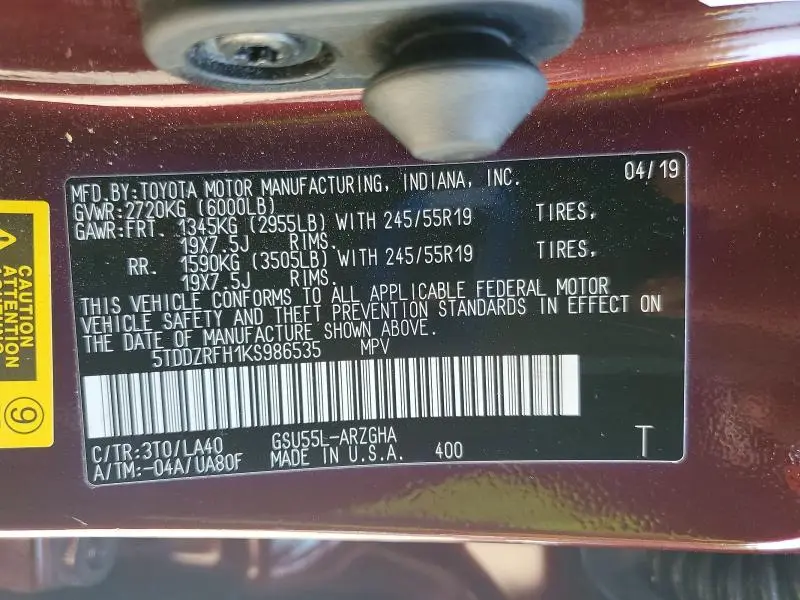 2019 TOYOTA HIGHLANDER LIMITED PLATINUM  