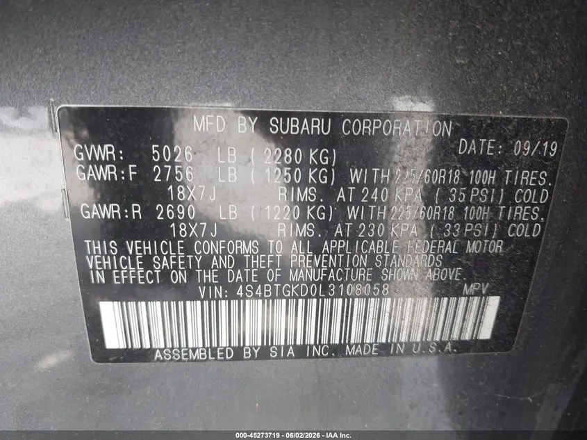 2020 SUBARU OUTBACK ONYX EDITION XT