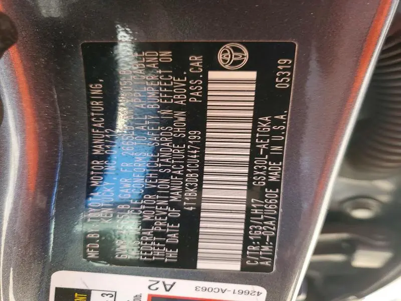 2012 TOYOTA AVALON BASE  