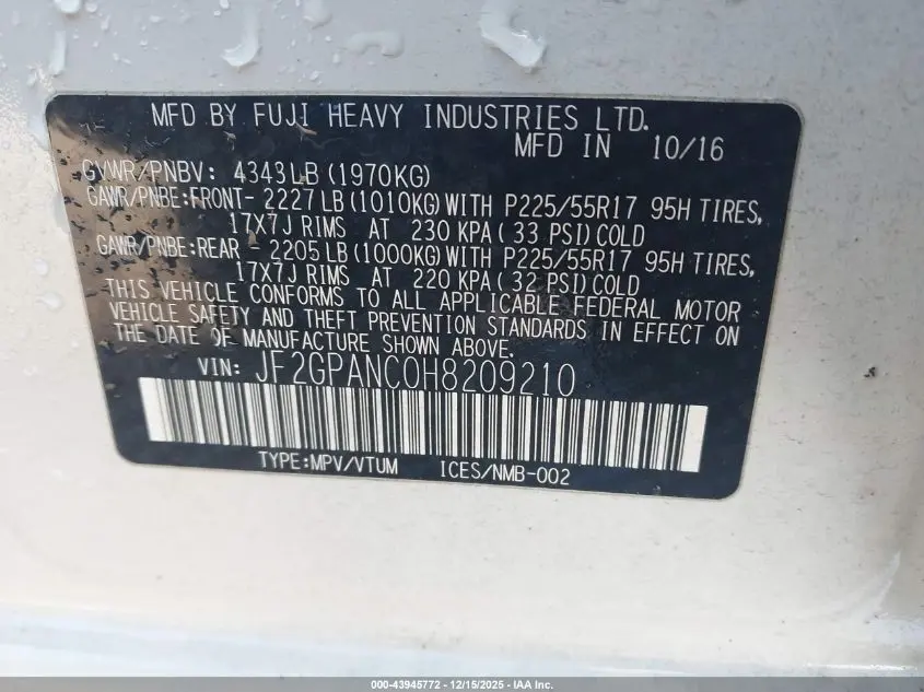 2017 SUBARU CROSSTREK 2.0I LIMITED