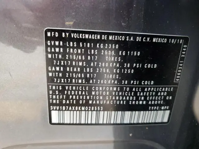 2019 VOLKSWAGEN TIGUAN S  