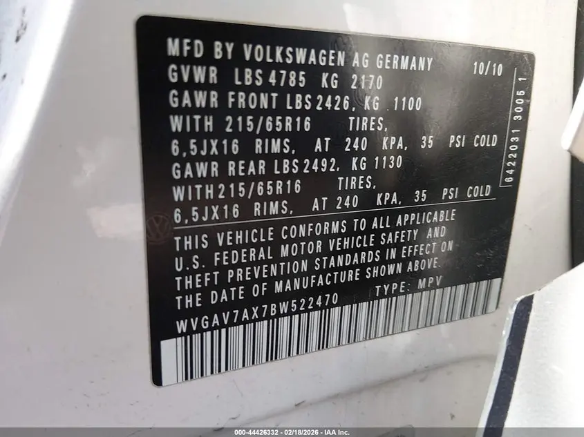 2011 VOLKSWAGEN TIGUAN S