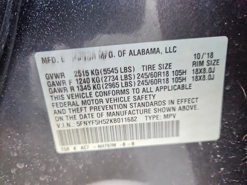 2019 HONDA PILOT EXL  