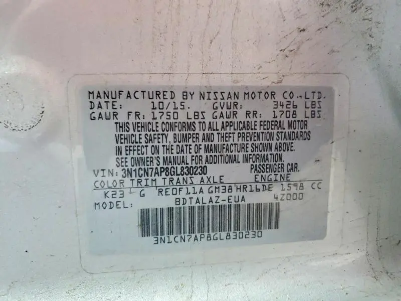 2016 NISSAN VERSA 1.6 S PLUS  