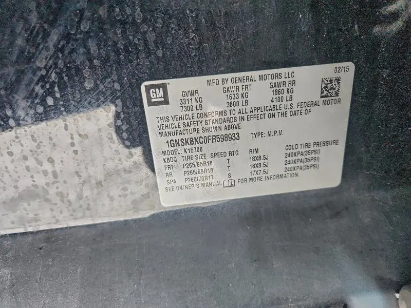 2015 CHEVROLET TAHOE K1500 LT  