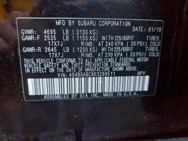 2019 SUBARU OUTBACK 2.5I  