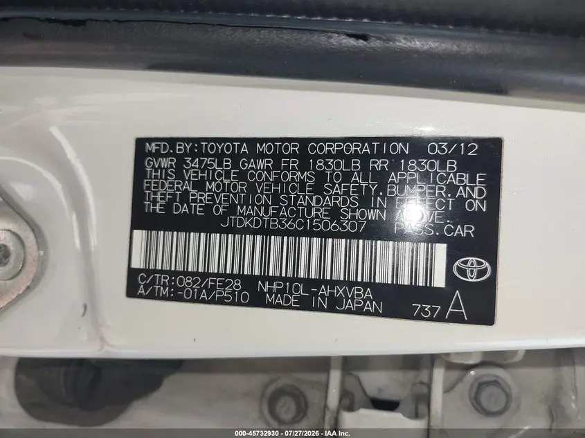 2012 TOYOTA PRIUS C ONE