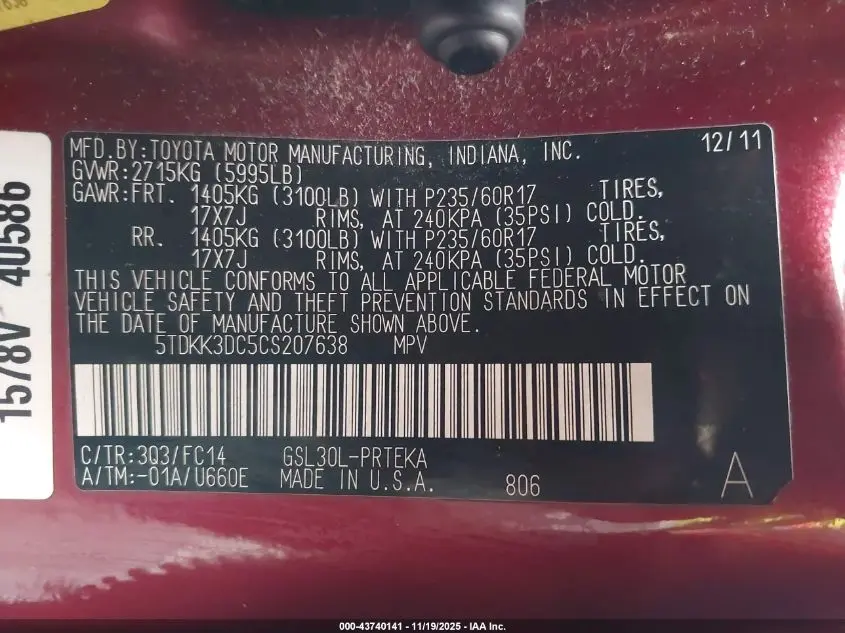 2012 TOYOTA SIENNA LE V6 8 PASSENGER