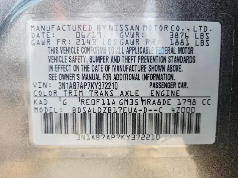 2019 NISSAN SENTRA SV  