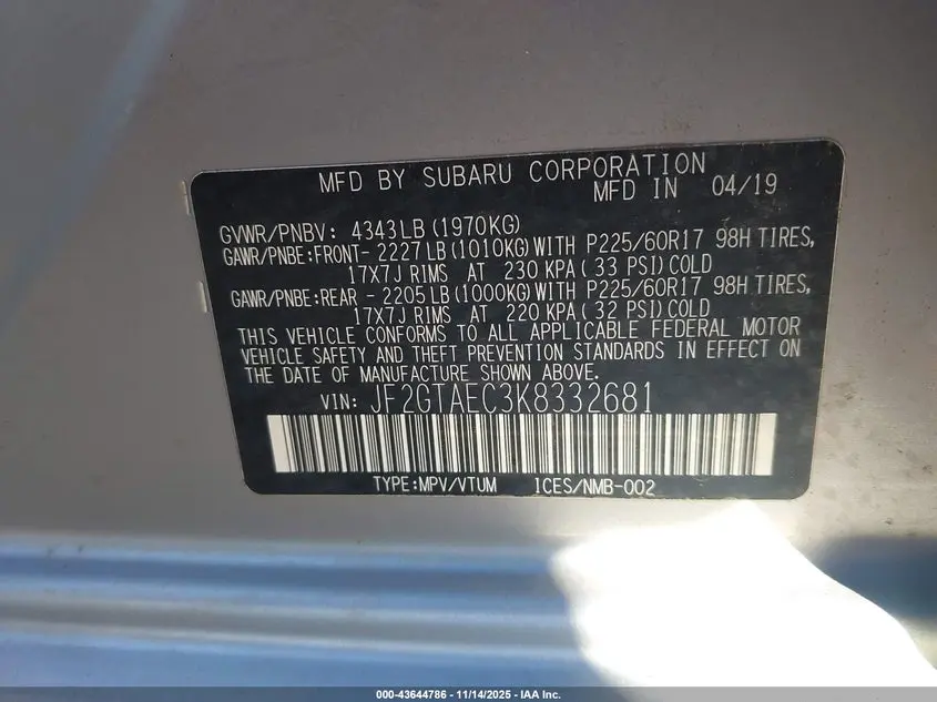 2019 SUBARU CROSSTREK 2.0I PREMIUM