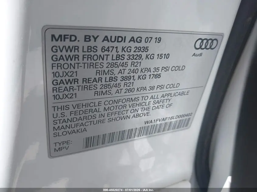2020 AUDI Q8 PRESTIGE 55 TFSI QUATTRO TIPTRONIC