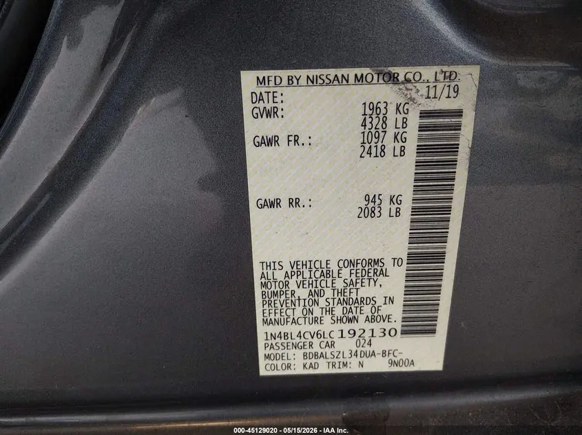 2020 NISSAN ALTIMA SR FWD