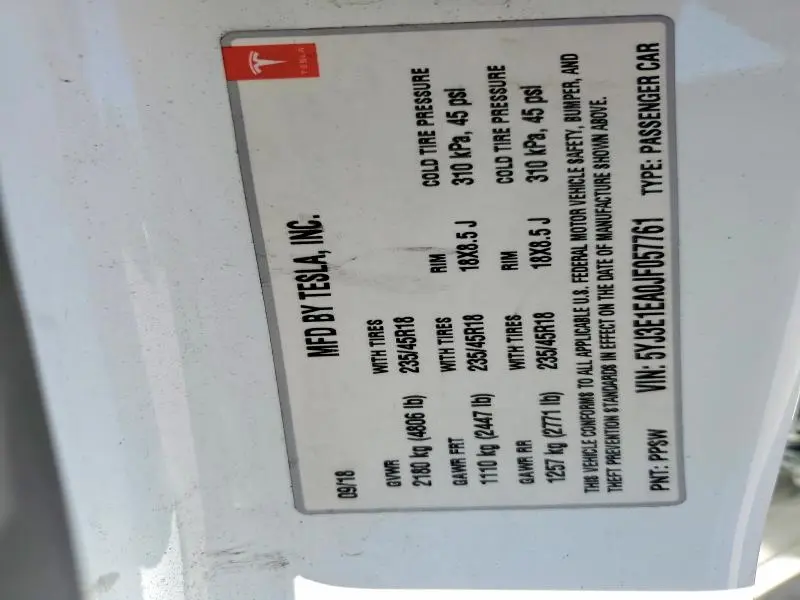 2018 TESLA MODEL 3   