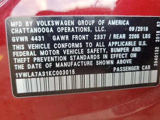 2019 VOLKSWAGEN PASSAT WOLFSBURG  