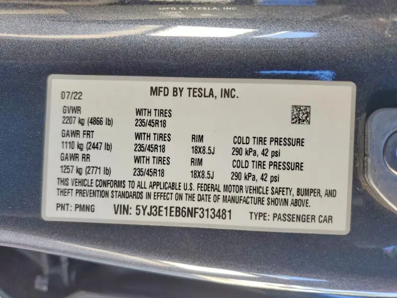 2022 TESLA MODEL 3   