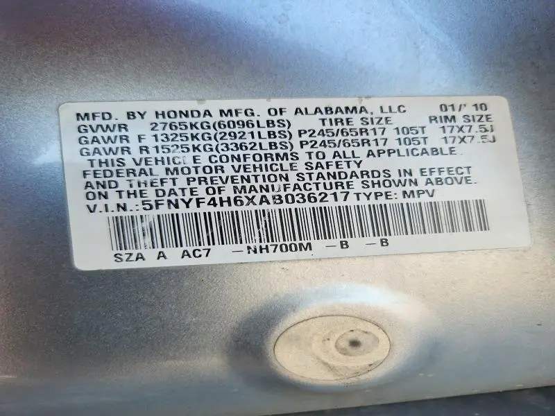 2010 HONDA PILOT EXL  