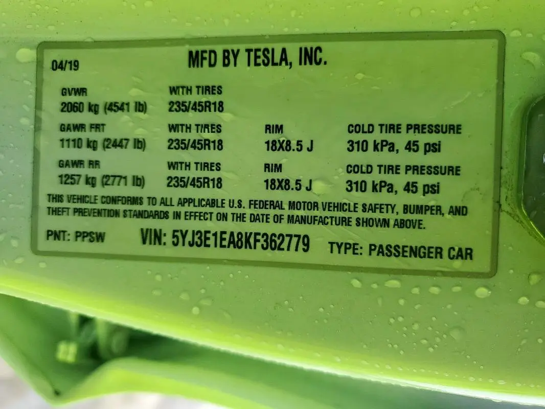 2019 TESLA MODEL 3   