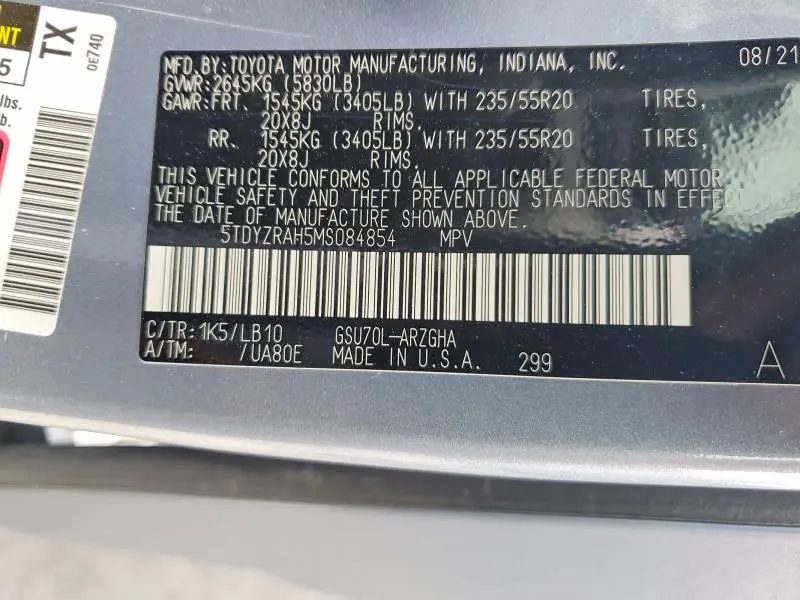 2021 TOYOTA HIGHLANDER LIMITED  