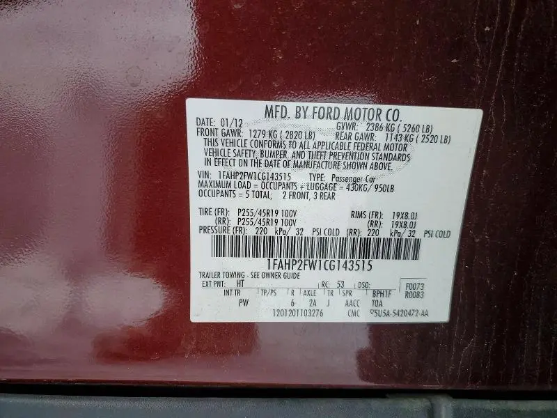 2012 FORD TAURUS LIMITED  