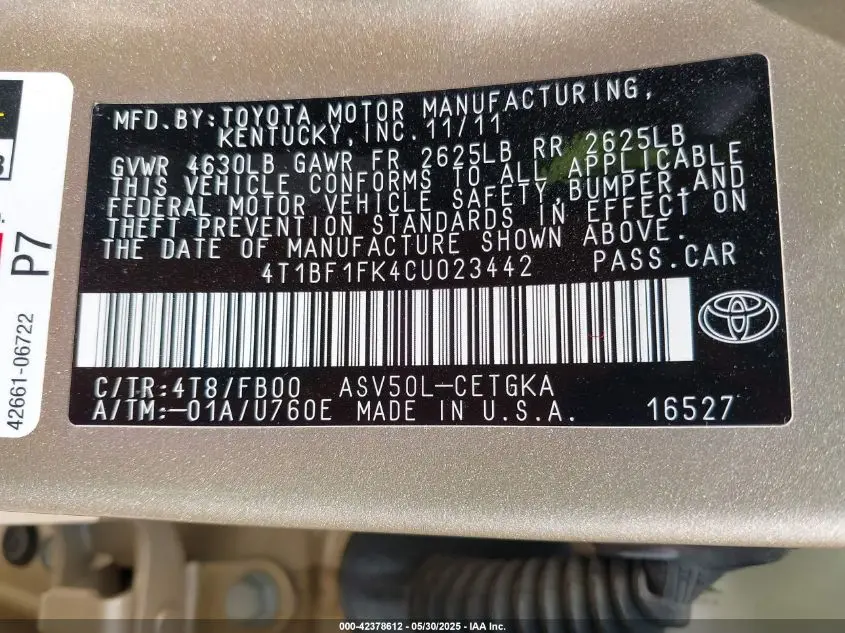 2012 TOYOTA CAMRY XLE