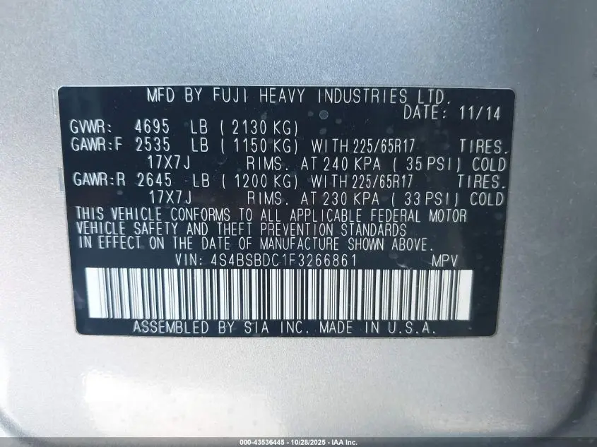 2015 SUBARU OUTBACK 2.5I PREMIUM