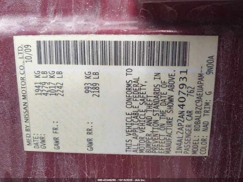 2010 NISSAN ALTIMA 2.5 S