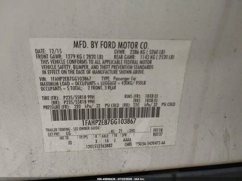 2016 FORD TAURUS SEL