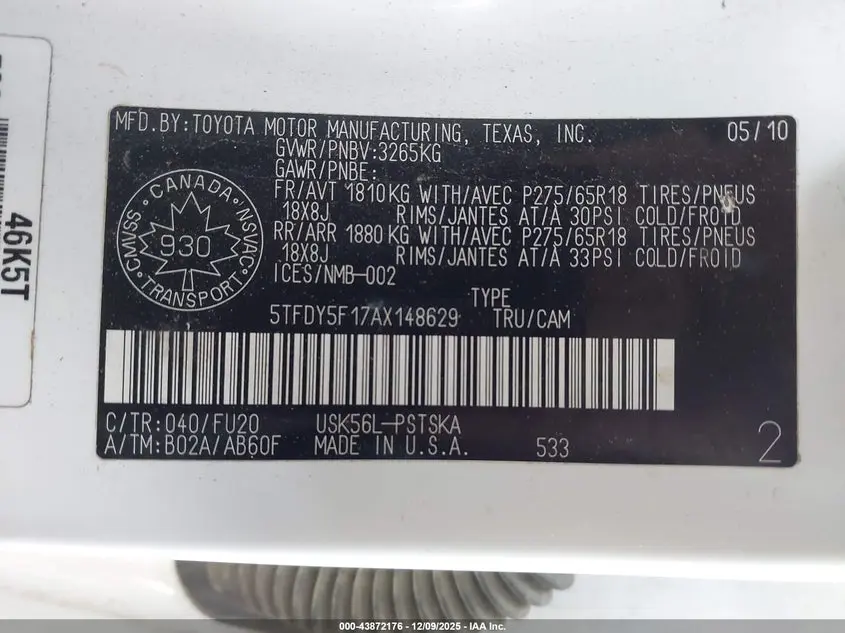 2010 TOYOTA TUNDRA SR5 5.7L V8