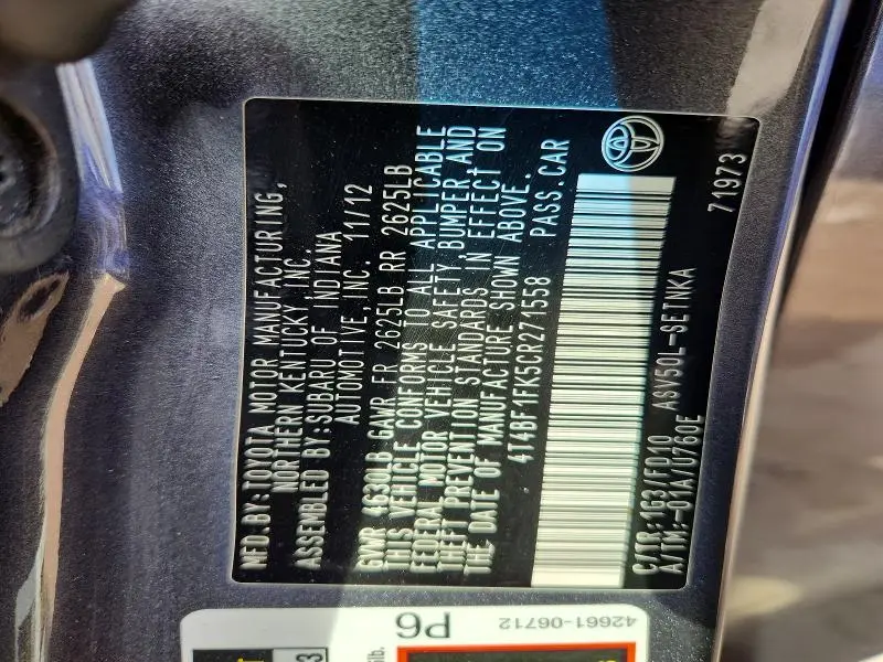 2012 TOYOTA CAMRY LE  