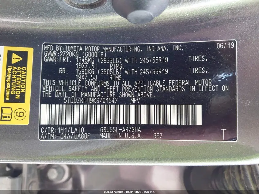 2019 TOYOTA HIGHLANDER LIMITED