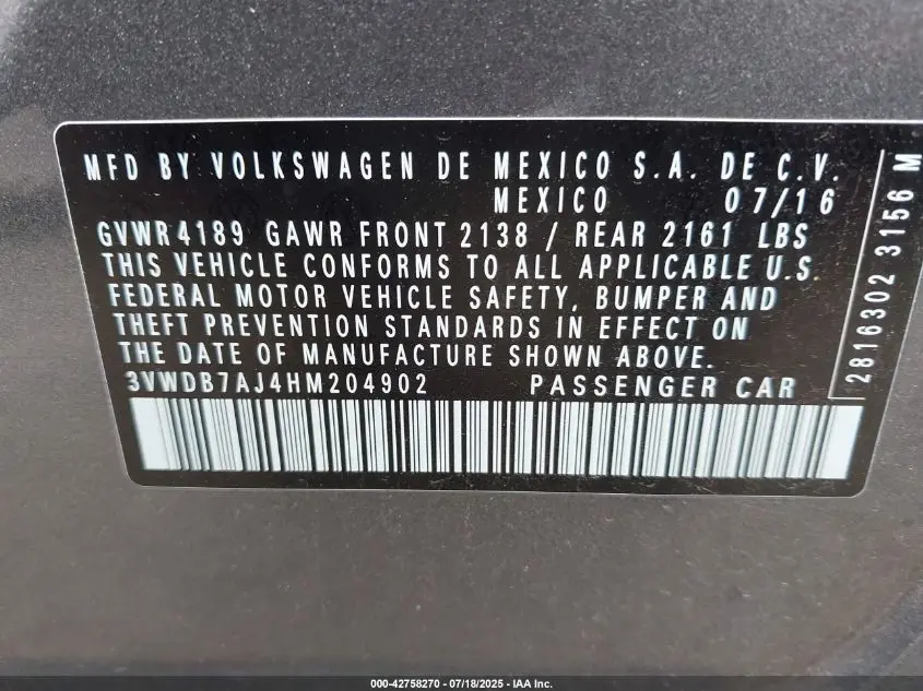 2017 VOLKSWAGEN JETTA 1.4T SE