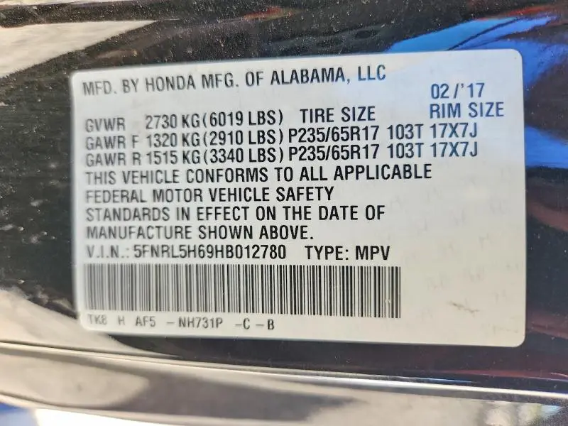 2017 HONDA ODYSSEY EXL  