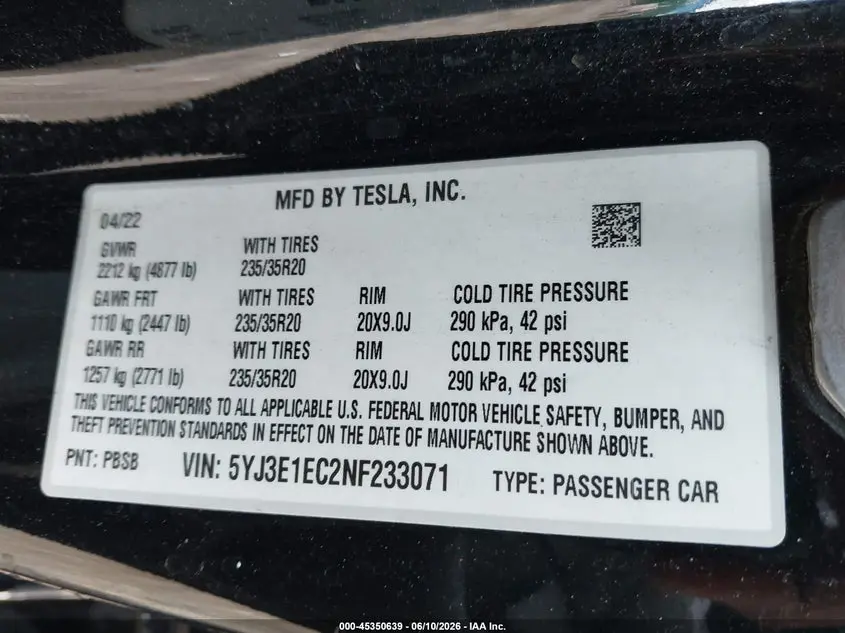 2022 TESLA MODEL 3 PERFORMANCE DUAL MOTOR ALL-WHEEL DRIVE