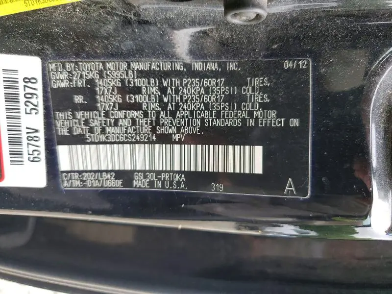 2012 TOYOTA SIENNA XLE 8-PASSENGER  