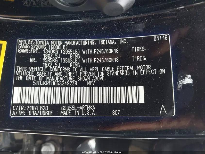 2016 TOYOTA HIGHLANDER XLE V6