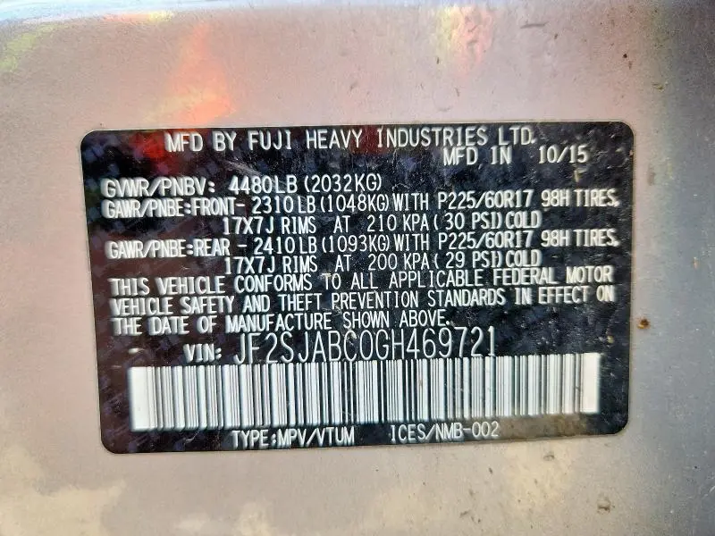 2016 SUBARU FORESTER 2.5I  