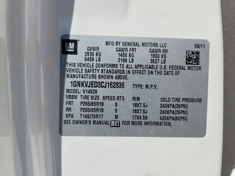 2012 CHEVROLET TRAVERSE LT  