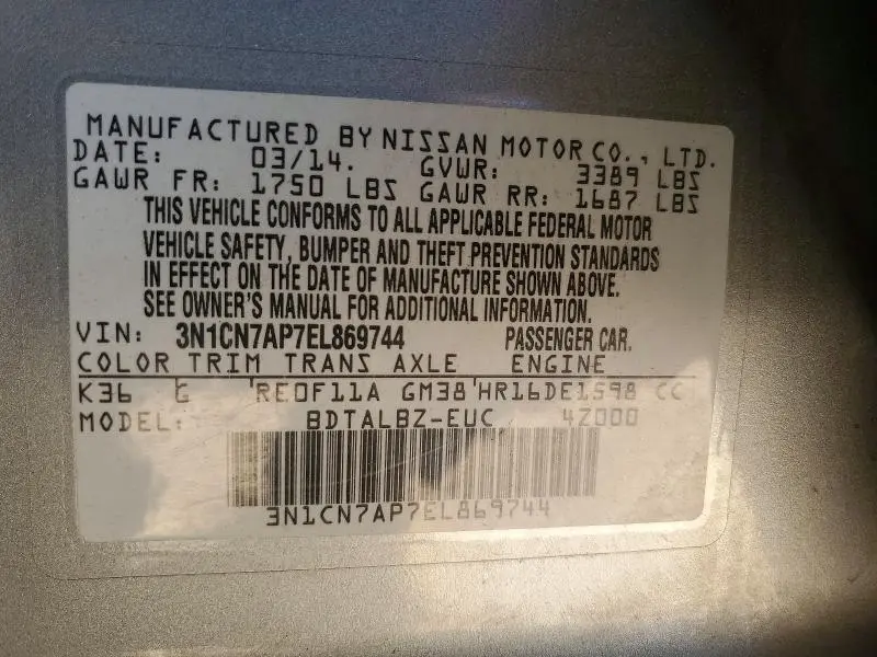 2014 NISSAN VERSA 1.6 SV  