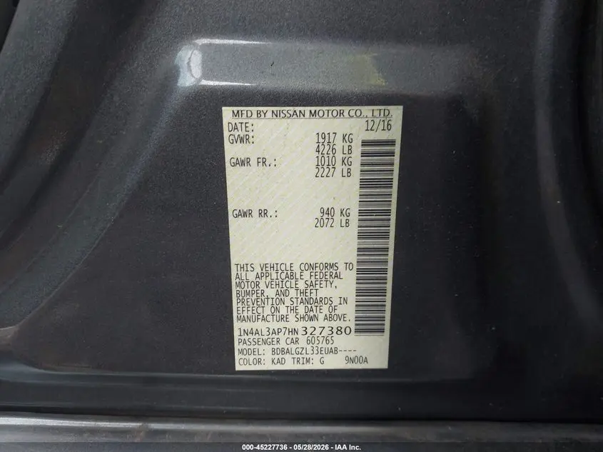 2017 NISSAN ALTIMA 2.5 S