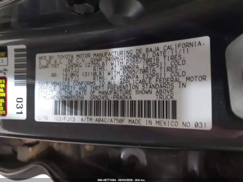 2012 TOYOTA TACOMA BASE V6